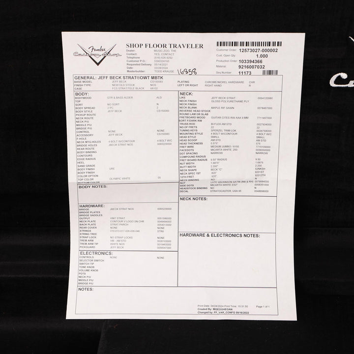 Fender Custom Shop Jeff Beck Stratocaster Masterbuilt Todd Krause Olympic White