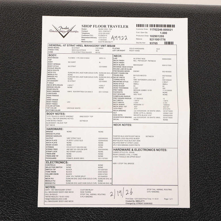 Fender Custom Shop '67 Set Neck Stratocaster Masterbuilt Austin MacNutt NOS Vintage White