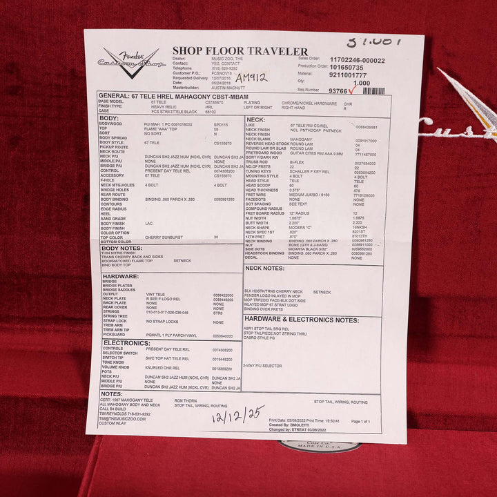 Fender Custom Shop '67 Set Neck Telecaster Masterbuilt Austin MacNutt Relic Cherry Sunburst