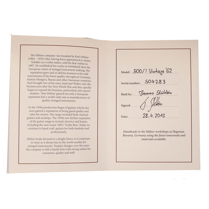 Hofner 500/1 Vintage '62 Bass Sunburst 2016