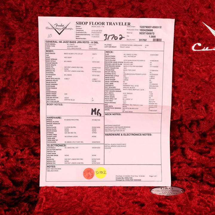 Fender Custom Shop 1966 Jazz Bass Aged Daphne Blue Matching Headstock 2020