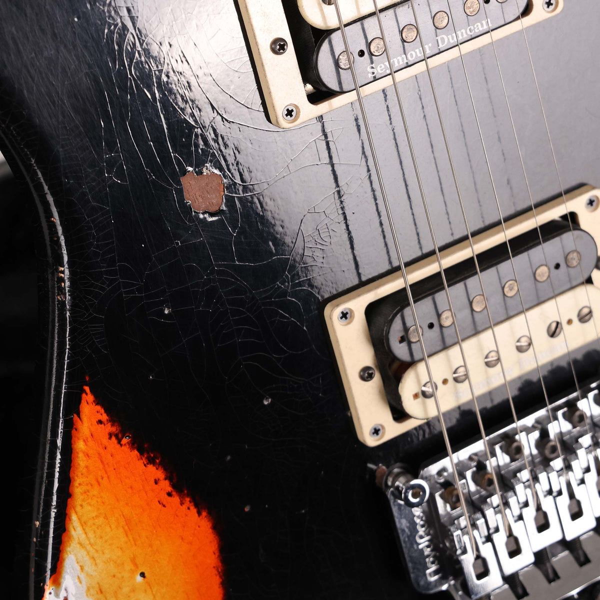 Charvel Custom Shop San Dimas Nitro Aged Roasted Mahogany Black over Tennessee Orange — 7