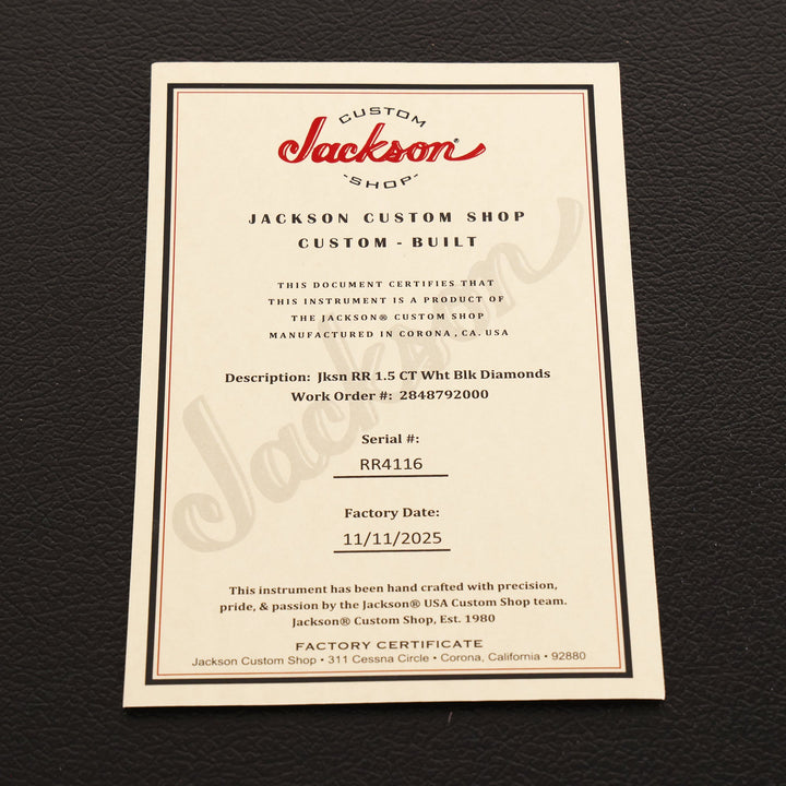 Jackson Custom Shop Randy Rhoads RR 1.5 Music Zoo Exclusive Brass Tremolo White with Black Diamonds