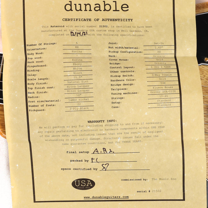 Dunable Asteroid Korina Natural Nitro Lacquer Black Pickguard 2021