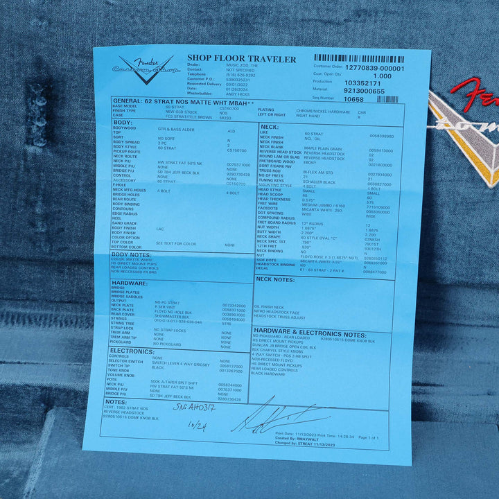 Fender Custom Shop ZF Stratocaster NOS Matte White Masterbuilt Andy Hicks