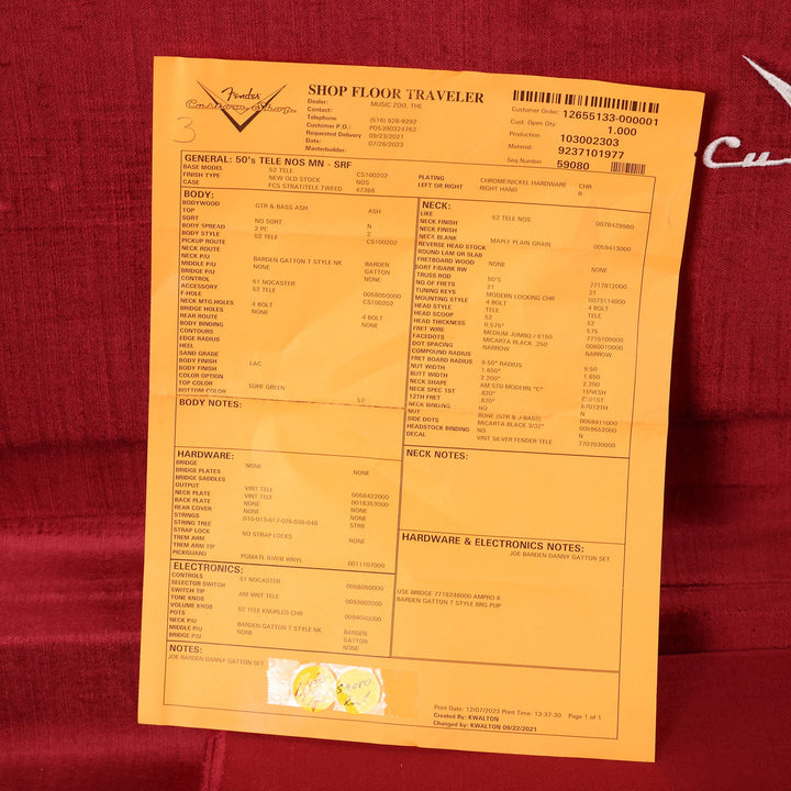 Fender Custom Shop 50s Telecaster NOS Surf Green w/ Barden Danny Gatton Pickups