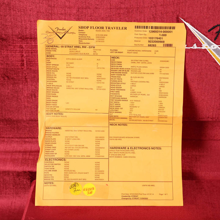 Fender Custom Shop 1969 Stratocaster Hardtail Heavy Relic Graffiti Yellow