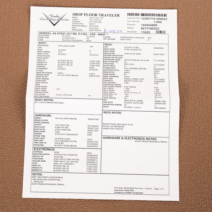 Fender Custom Shop 1964 Stratocaster Ultimate Relic Candy Apple Red Masterbuilt Greg Fessler