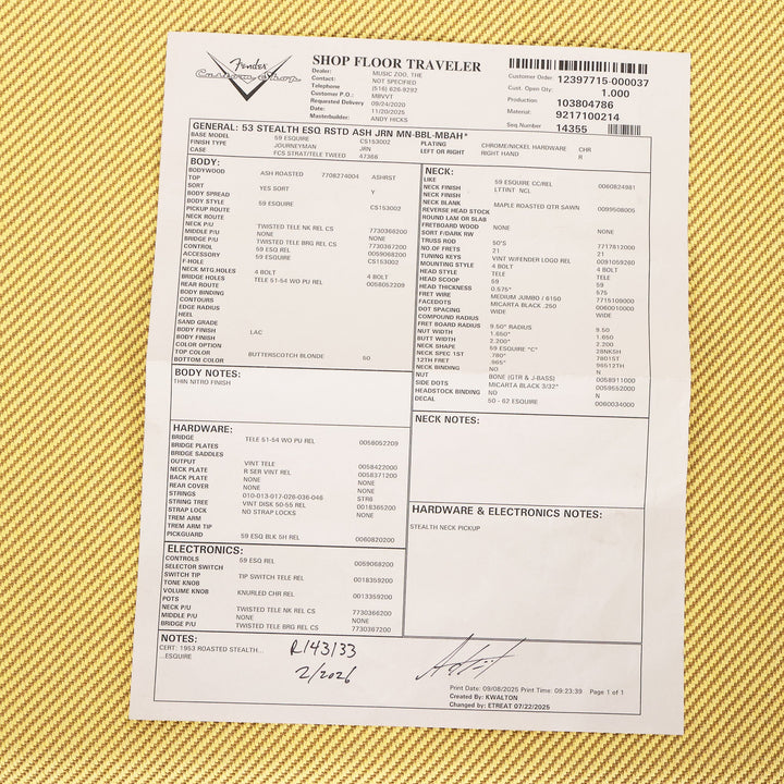 Fender Custom Shop 1953 Stealth Esquire Roasted Ash Journeyman Relic Butterscotch Blonde