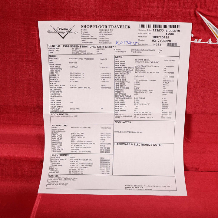 Fender Custom Shop 1962 Roasted Stratocaster Ultimate Relic Shell Pink Masterbuilt Greg Fessler