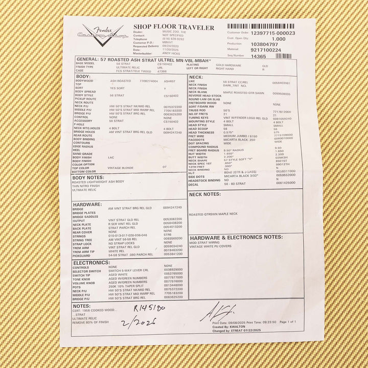 Fender Custom Shop 1957 Ultimate Relic Roasted Stratocaster Vintage Blonde Masterbuilt Andy Hicks