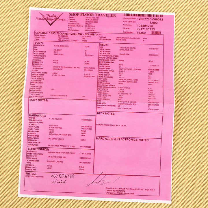 Fender Custom Shop 1953 Esquire Heavy Relic Nocaster Blonde Masterbuilt Andy Hicks