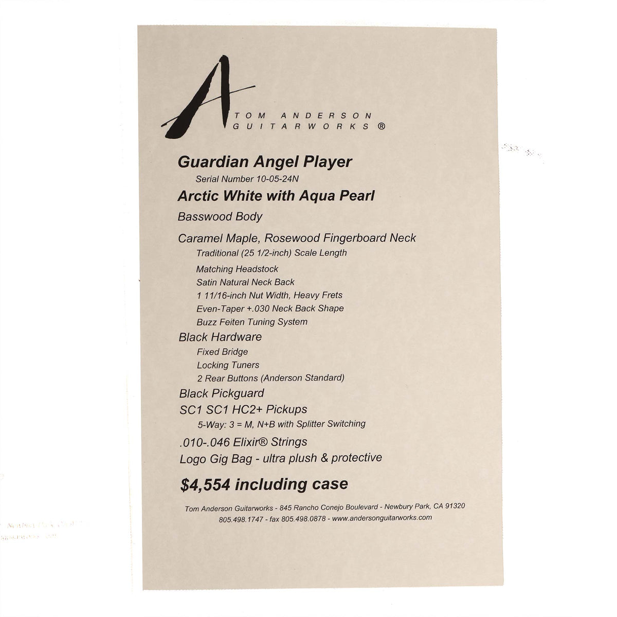 Tom Anderson Guardian Angel Player Arctic White with Aqua Pearl 2025 — 8