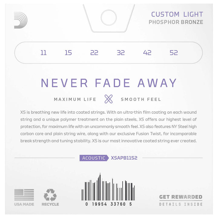 D'Addario XS Phosphor Bronze Custom Light Coated Acoustic Guitar Strings 11-52