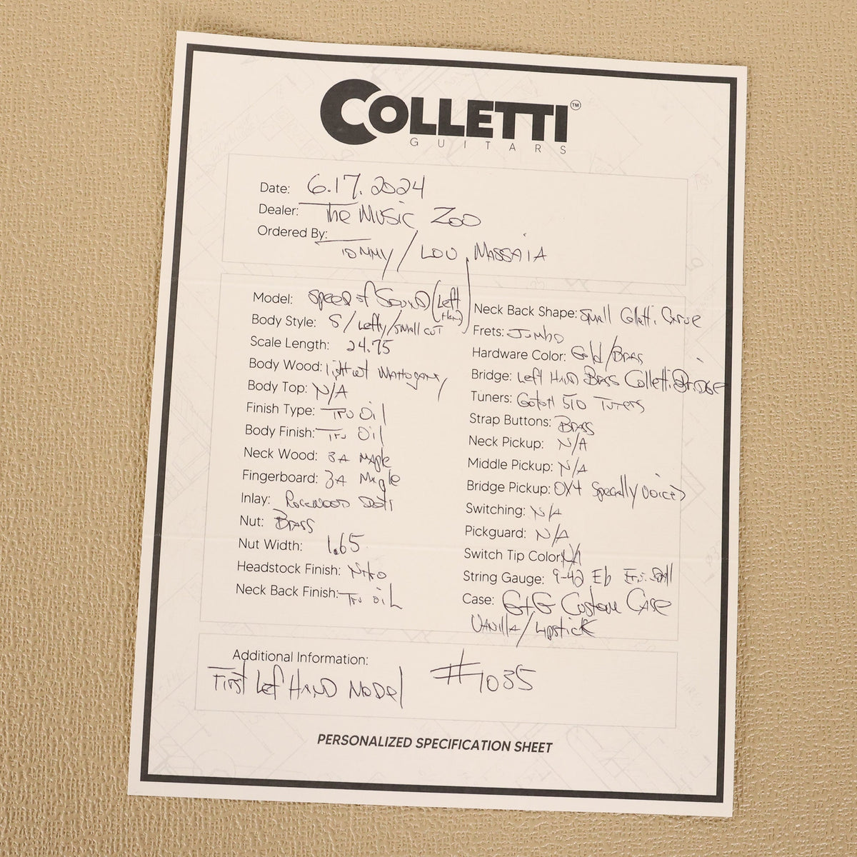 Colletti Guitars Speed of Sound Left-Handed Natural Oil — 10