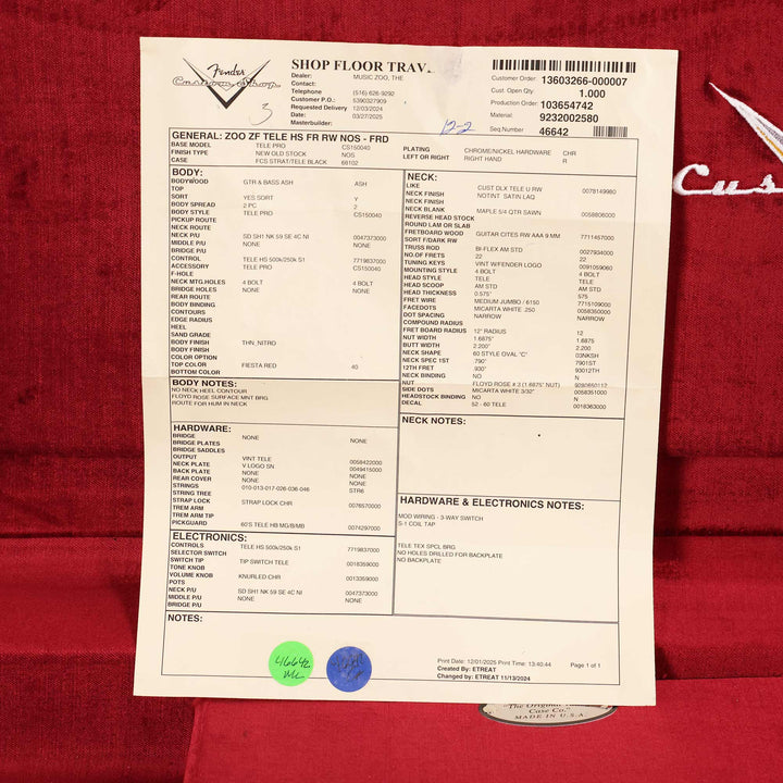 Fender Custom Shop ZF Telecaster Music Zoo Exclusive Fiesta Red