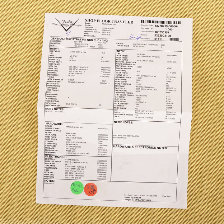 Fender Custom Shop 1957 Stratocaster NOS Lime Green with Matching Neck