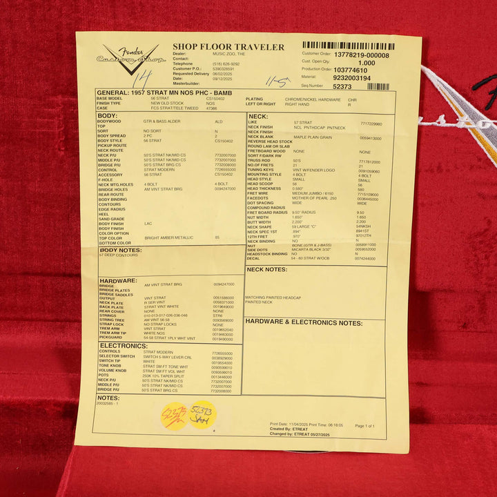 Fender Custom Shop 1957 Stratocaster NOS Bright Amber Metallic with Matching Neck