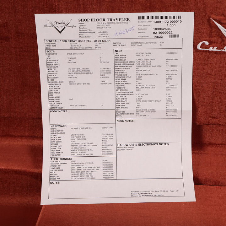 Fender Custom Shop 1960 HSS Stratocaster 3-Tone Sunburst Masterbuilt Andy Hicks