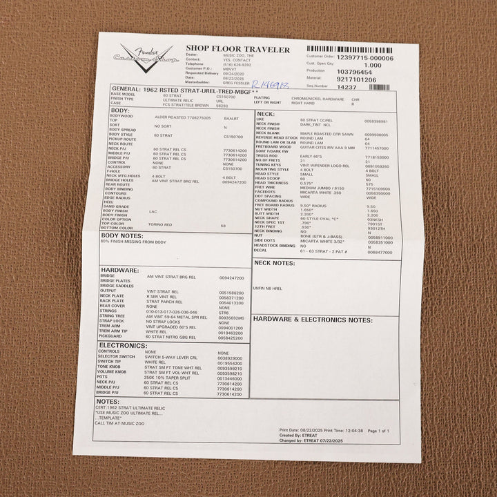 Fender Custom Shop 1962 Roasted Stratocaster Ultimate Relic Torino Red Masterbuilt Greg Fessler