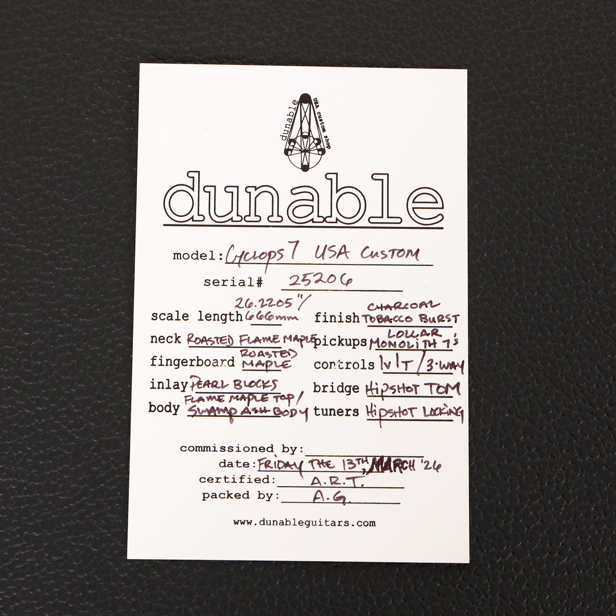 Dunable USA Custom Shop Cyclops 7-String Charcoal Tobacco Burst — 11