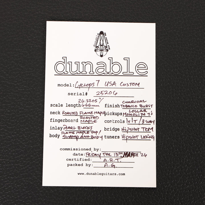 Dunable USA Custom Shop Cyclops 7-String Charcoal Tobacco Burst