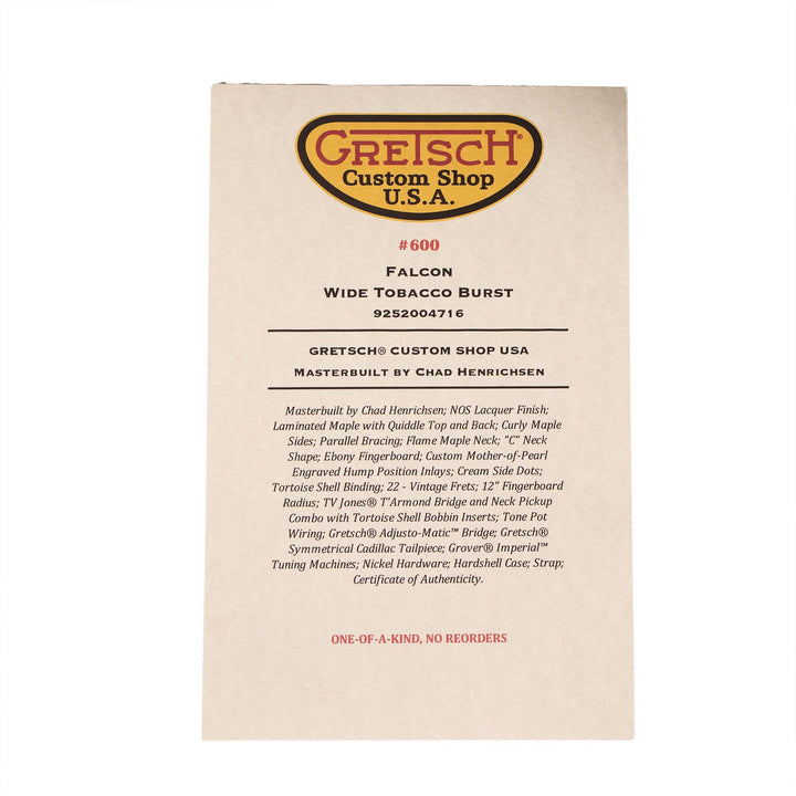 Gretsch Custom Shop 1955 Falcon Masterbuilt Chad Henrichsen Wide Tobacco Burst 2026 VIP Dealer Event