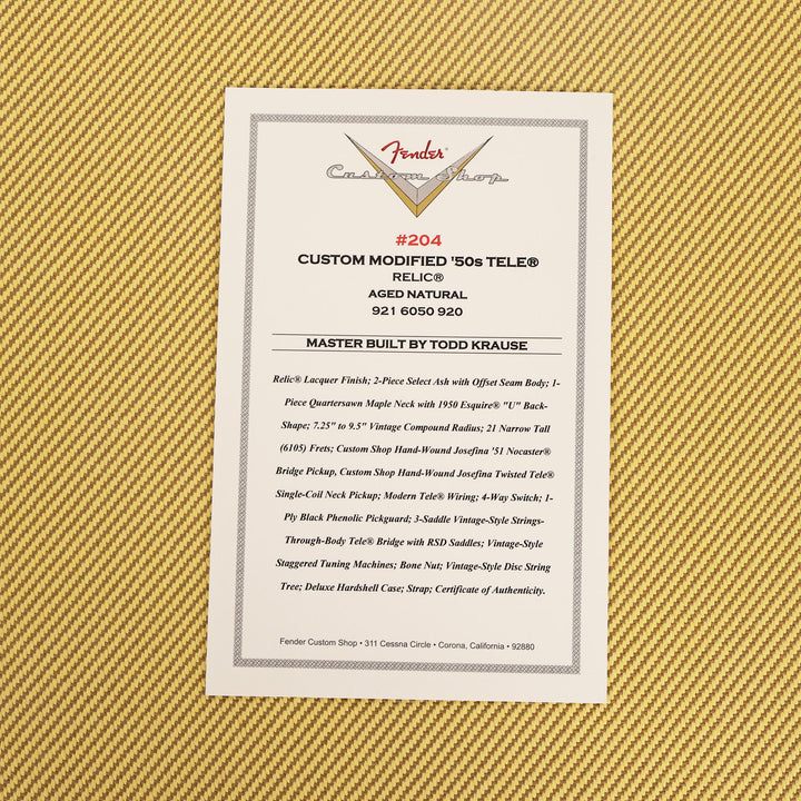 Fender Custom Shop '50s Telecaster Aged Natural Masterbuilt Todd Krause 2026 VIP Dealer Event