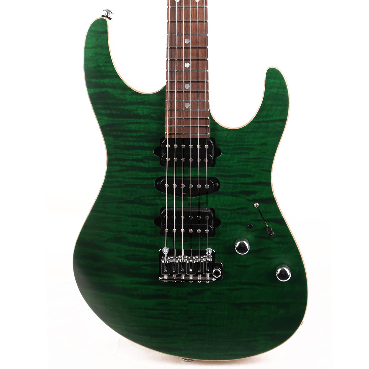 Suhr Modern Quilt Top Roasted Flame Maple Neck Trans Green Satin Used — 1