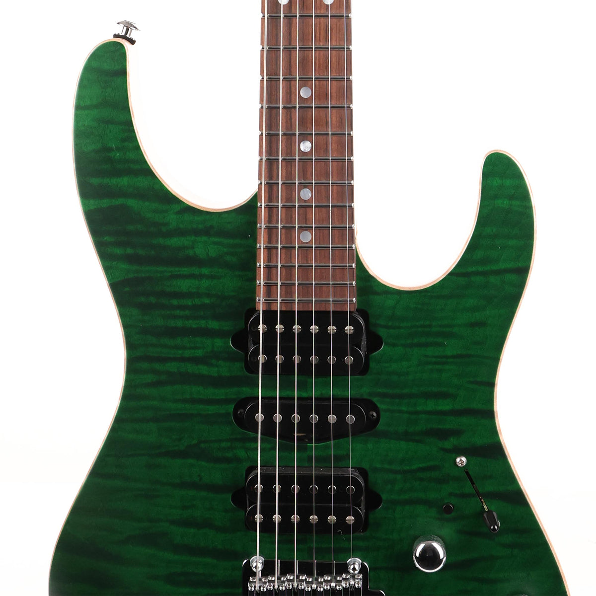 Suhr Modern Quilt Top Roasted Flame Maple Neck Trans Green Satin Used — 6