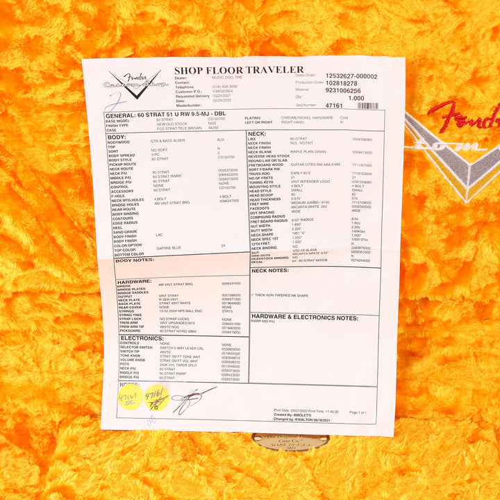 Fender Custom Shop NoNeck 1960 Stratocaster Music Zoo Exclusive Daphne Blue NOS