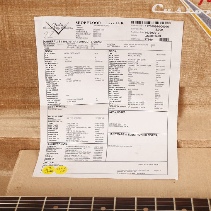 Fender Custom Shop 1963 Stratocaster Journeyman Relic Super Faded Aged Sonic Blue 2023