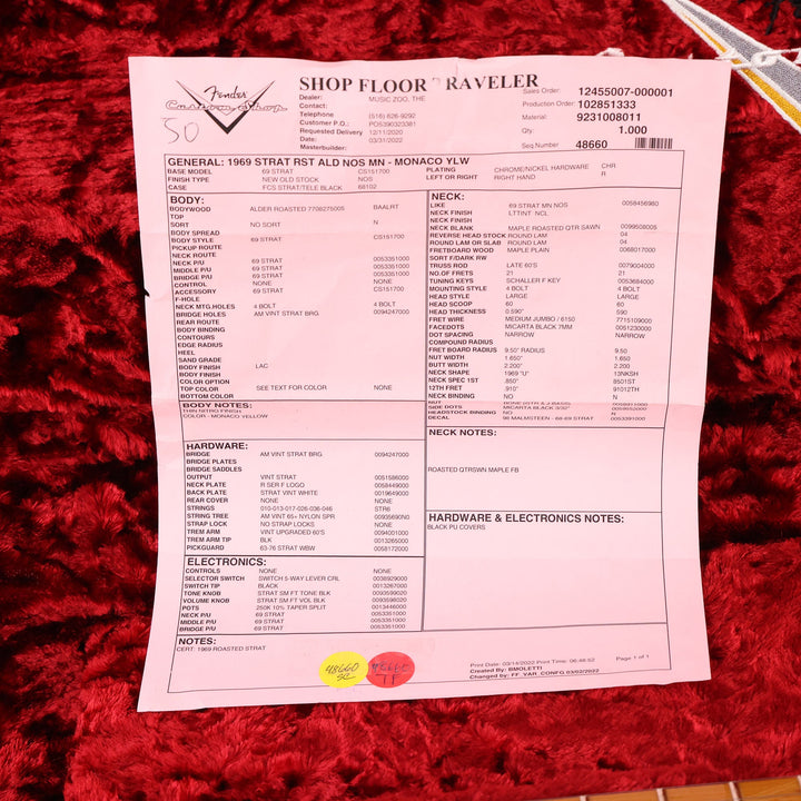 Fender Custom Shop Roasted Alder '69 Stratocaster NOS Monaco Yellow