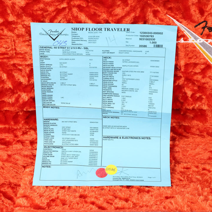 Fender Custom Shop '60 NoNeck Stratocaster NOS Sonic Blue Music Zoo Exclusive