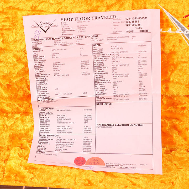 Fender Custom Shop NoNeck Stratocaster NOS Capri Orange Music Zoo Exclusive