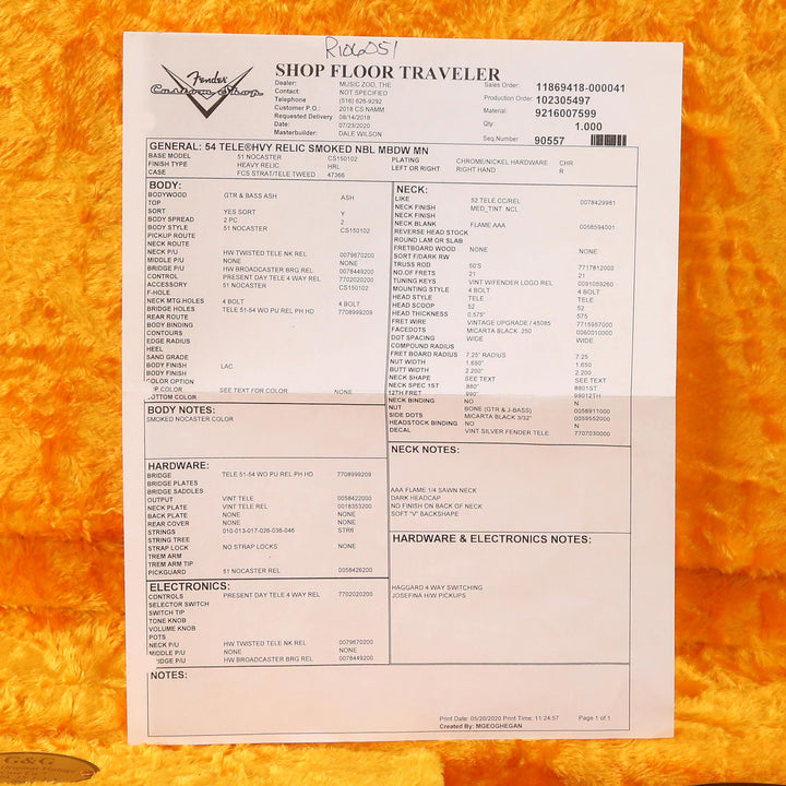 Fender Custom Shop 1954 Telecaster Masterbuilt Dale Wilson Heavy Relic Smoked Nocaster Blonde