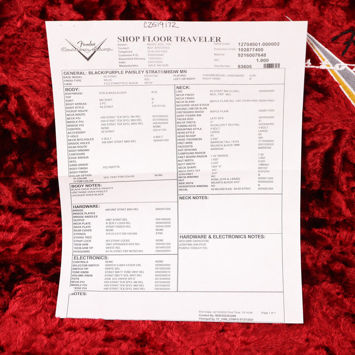 Fender Custom Shop 1969 Stratocaster Black over Purple Paisley Masterbuilt Dale Wilson