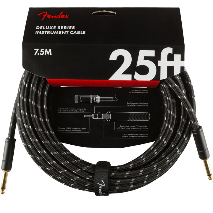 Fender Deluxe Series Instrument Cable 25 Feet Straight Black Tweed