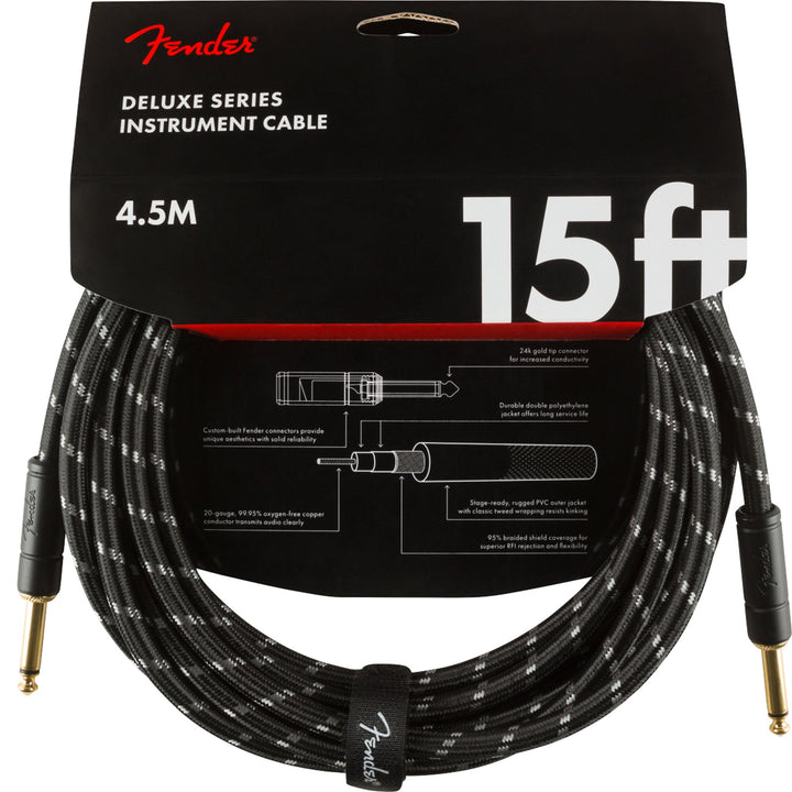 Fender Deluxe Series Instrument Cable 15 Feet Straight Black Tweed