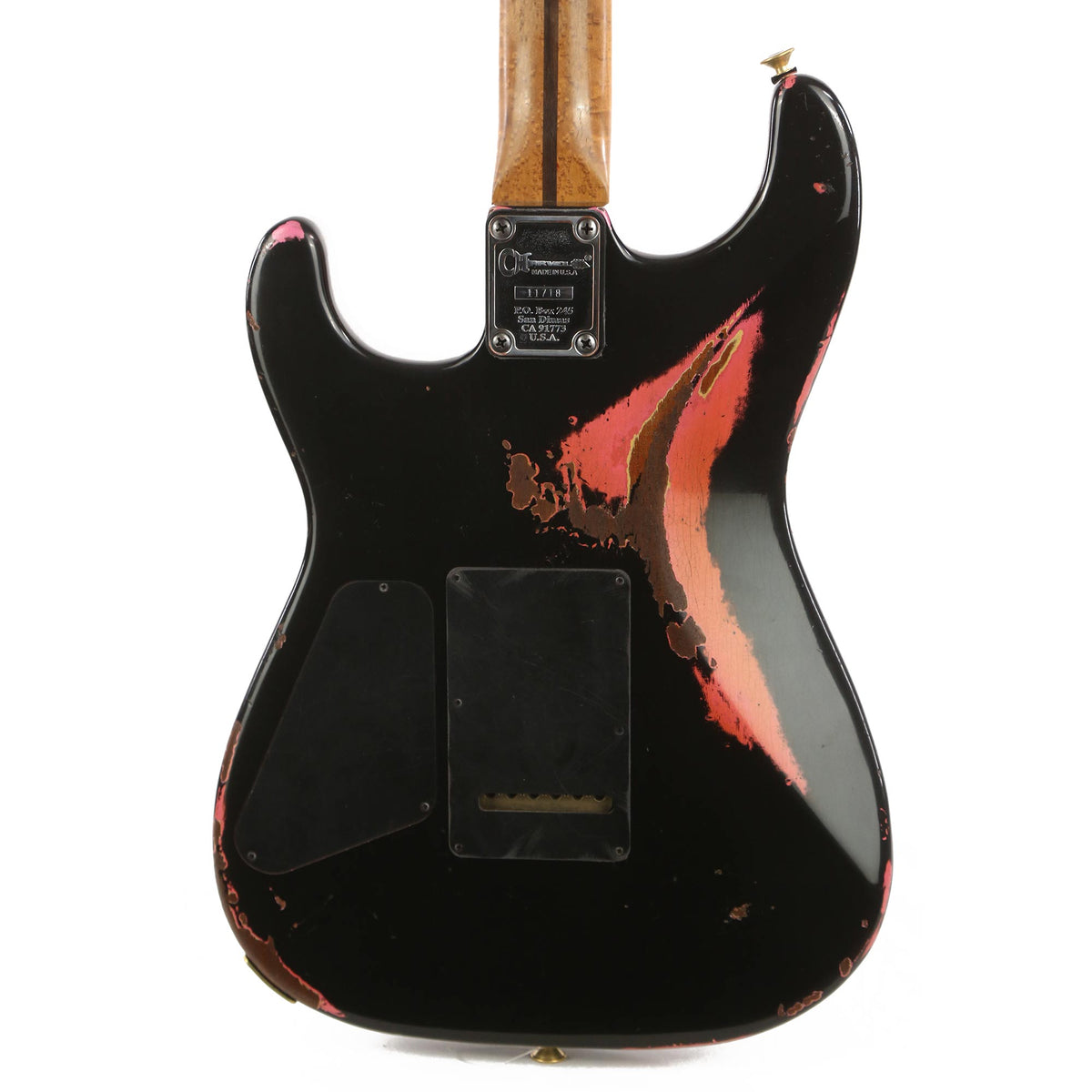 Charvel Custom Shop San Dimas HS Nitro Aged Roasted Mahogany Black over Platinum Pink — 9