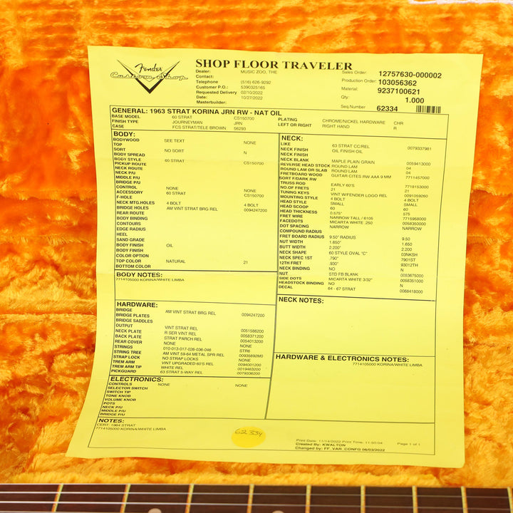 Fender Custom Shop 1963 Stratocaster Reissue Korina Body Natural Oil