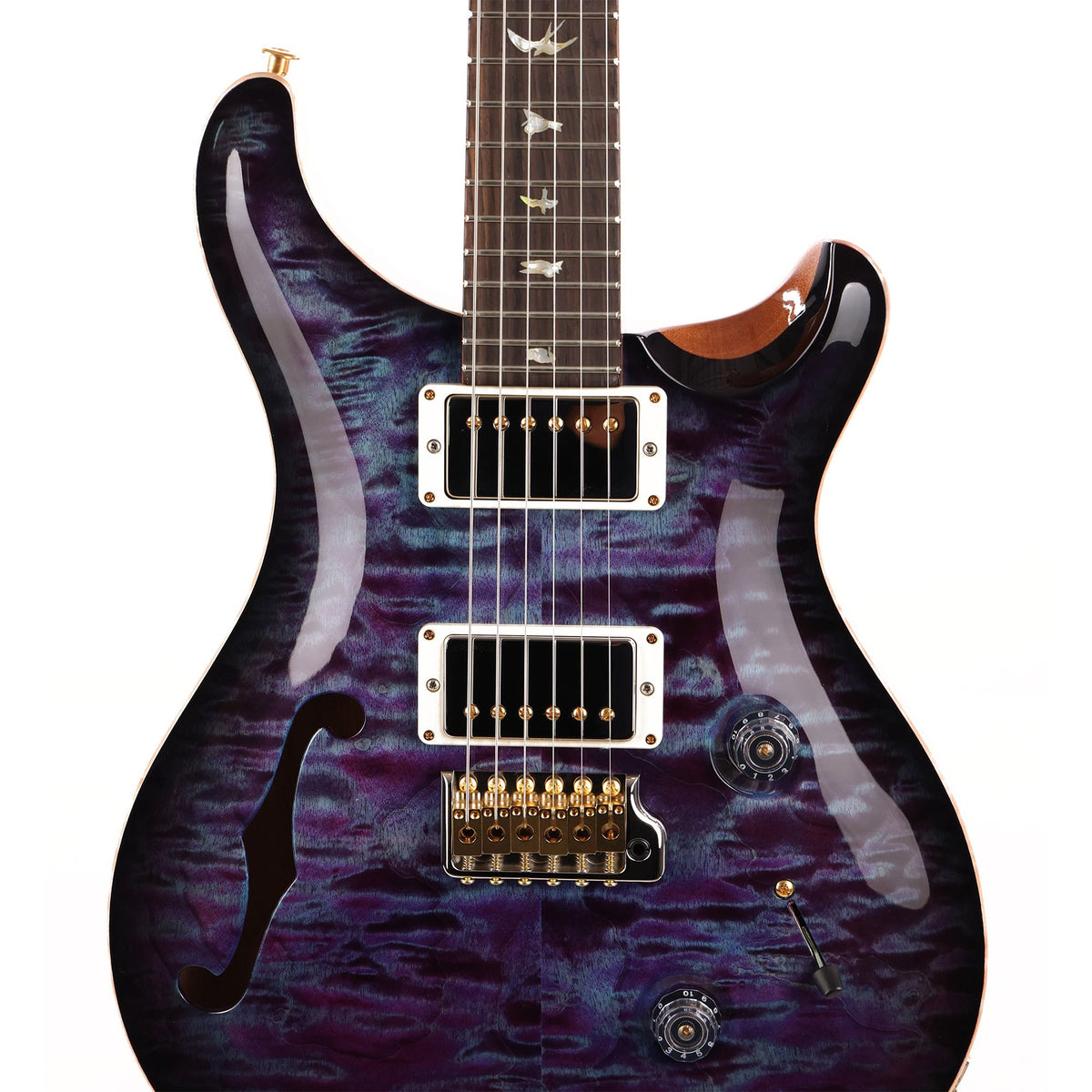 PRS Custom 24 Semi-Hollow Wood Library 10-Top Flame Maple with Figured Mahogany Body Violet Smokeburst — 6