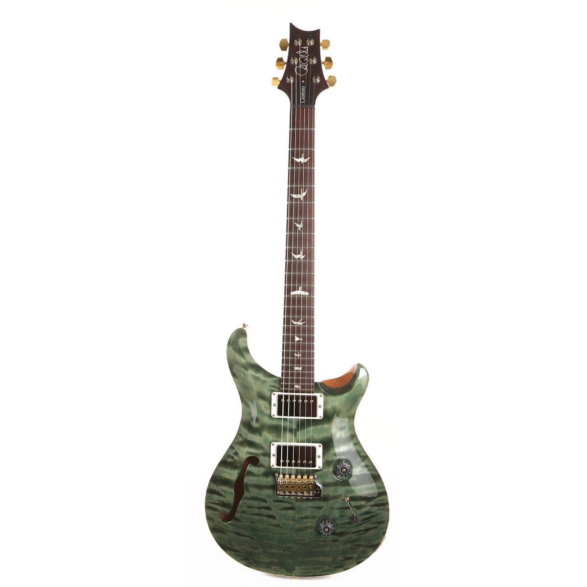 PRS Custom 24 Semi-Hollow Wood Library 10-Top Quilt Maple with Figured Mahogany Body Trampas Green — 2