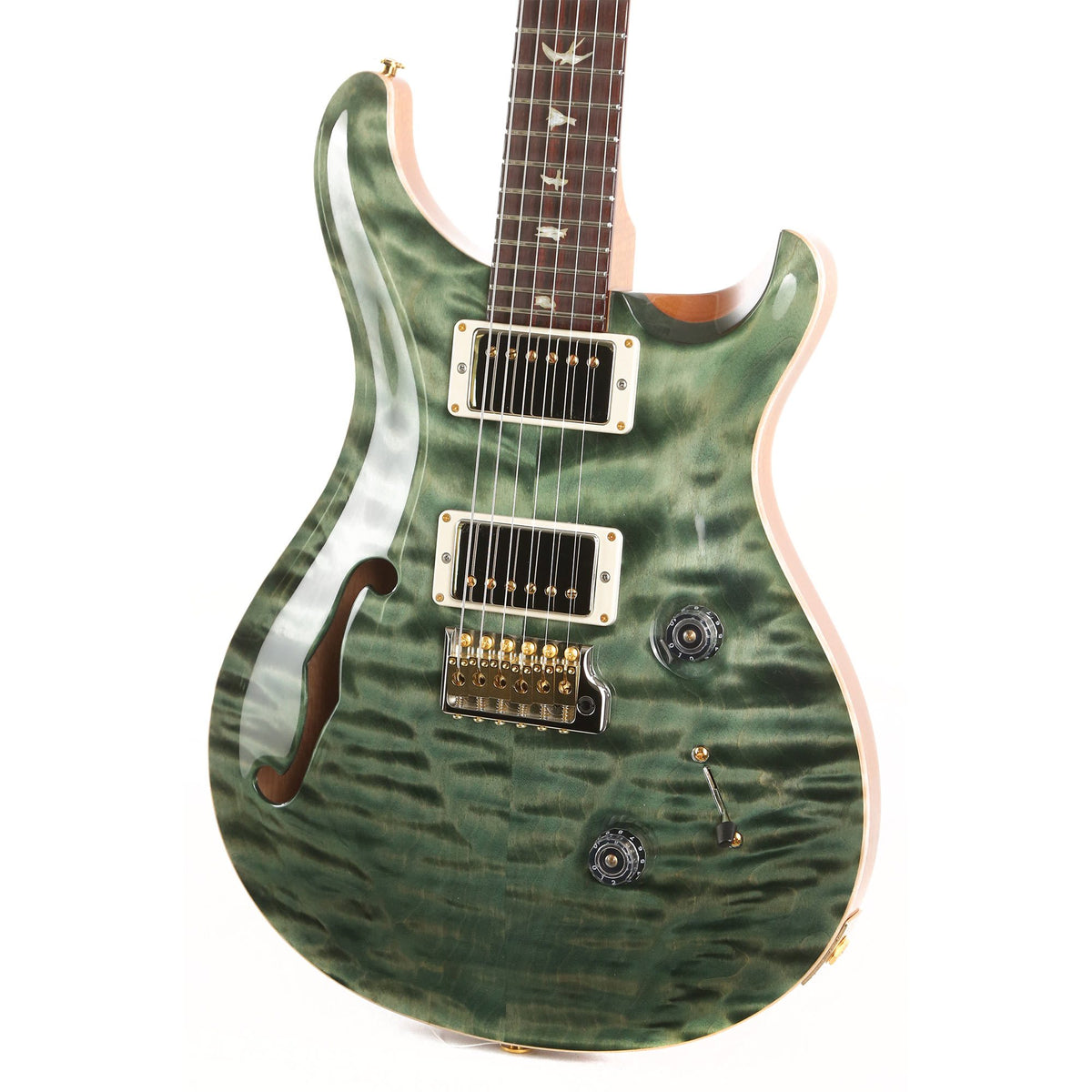 PRS Custom 24 Semi-Hollow Wood Library 10-Top Quilt Maple with Figured Mahogany Body Trampas Green — 7
