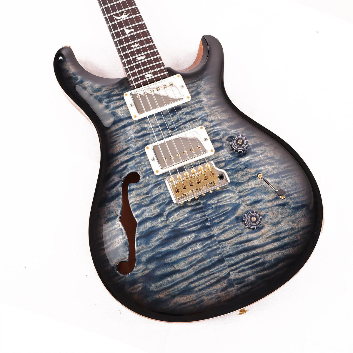 PRS Custom 24 Semi-Hollow Wood Library 10-Top Flame Maple with Korina Body and Neck Faded Whale Blue Smokeburst — 8
