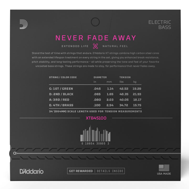 D'Addario XT Nickel Plated Steel Bass Guitar Strings Regular Light Long Scale 45-100
