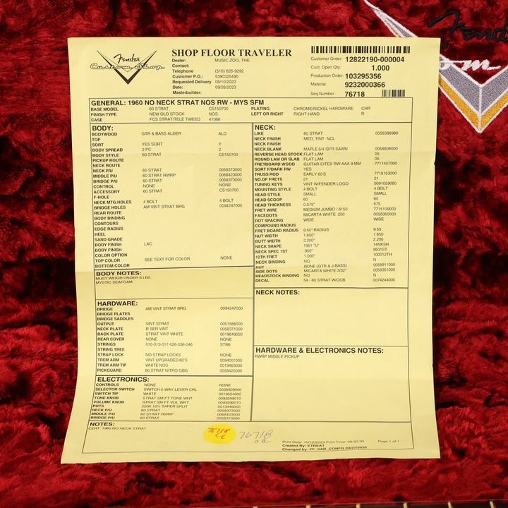 Fender Custom Shop NoNeck Stratocaster NOS Mystic Seafoam Music Zoo Exclusive