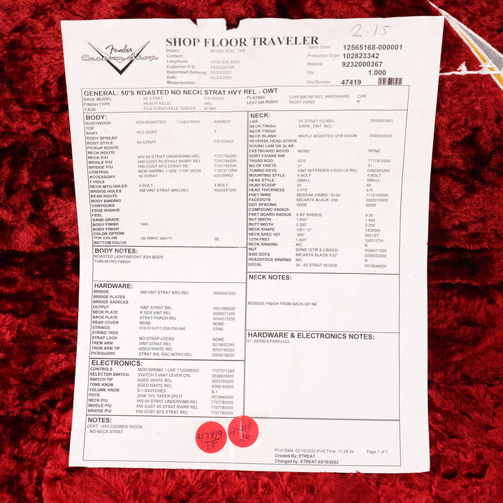 Fender Custom Shop '50s Roasted NoNeck Stratocaster Heavy Relic Olympic White 2022