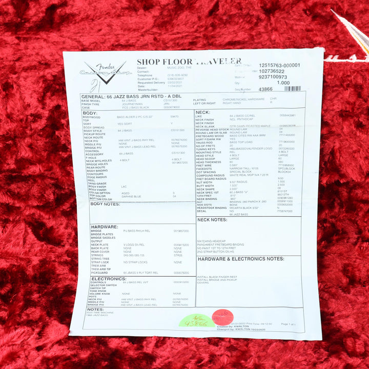 Fender Custom Shop 1966 Jazz Bass Journeyman Relic Aged Daphne Blue with Matching Headstock