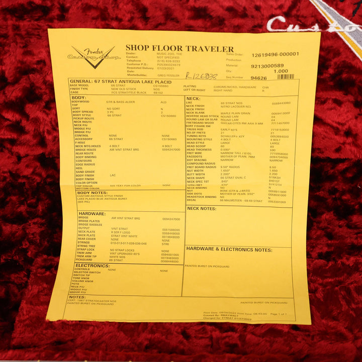 Fender Custom Shop 1967 Stratocaster Antigua Lake Placid Blue Masterbuilt Greg Fessler